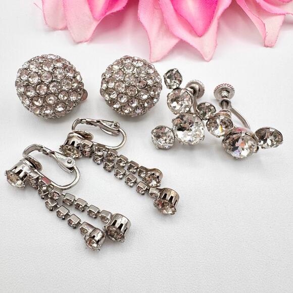 Vintage 3 Pair Rhinestone Clip On Earrings Old Hollywood Glam 50s 60s Bombshell - Picture 1 of 10